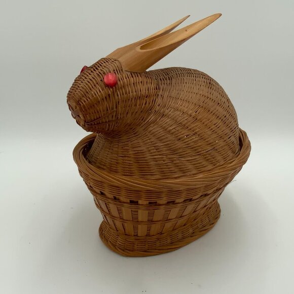 Vintage Wicker Bunny Rabbit Basket Red Eyes Bamboo Ears Easter Basket - Picture 10 of 11